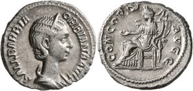 Orbiana, Augusta, 225-227. Denarius (Silver, 19 mm, 3.52 g, 7 h), Rome. SALL BARBIA ORBIANA AVG Diademed and draped bust of Orbiana to right. Rev. CON...