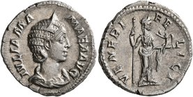 Julia Mamaea, Augusta, 222-235. Denarius (Silver, 20 mm, 3.11 g, 7 h), Rome, 224. IVLIA MAMAEA AVG Diademed and draped bust of Julia Mamaea to right. ...