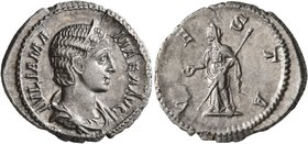 Julia Mamaea, Augusta, 222-235. Denarius (Silver, 20 mm, 3.23 g, 12 h), Rome, 227. IVLIA MAMAEA AVG Diademed and draped bust of Julia Mamaea to right....
