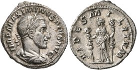 Maximinus I, 235-238. Denarius (Silver, 20 mm, 3.77 g, 12 h), Rome, 235-236. IMP MAXIMINVS PIVS AVG Laureate, draped and cuirassed bust of Maximinus I...
