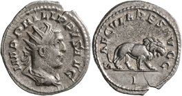 Philip I, 244-249. Antoninianus (Silver, 22 mm, 3.53 g, 6 h), Rome, 248. IMP PHILIPPVS AVG Radiate, draped and cuirassed bust of Philip I to right, se...
