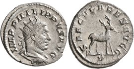 Philip I, 244-249. Antoninianus (Silver, 21 mm, 3.95 g, 8 h), Rome, 248. IMP PHILIPPVS AVG Radiate, draped and cuirassed bust of Philip I to right, se...
