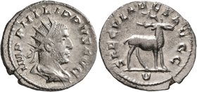 Philip I, 244-249. Antoninianus (Silver, 23 mm, 3.87 g, 11 h), Rome, 248. IMP PHILIPPVS AVG Radiate, draped and cuirassed bust of Philip I to right, s...