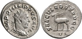 Philip I, 244-249. Antoninianus (Silver, 23 mm, 4.29 g, 12 h), Rome, 248. IMP PHILIPPVS AVG Radiate, draped and cuirassed bust of Philip I to right, s...