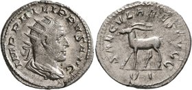 Philip I, 244-249. Antoninianus (Silver, 23 mm, 4.35 g, 12 h), Rome, 248. IMP PHILIPPVS AVG Radiate, draped and cuirassed bust of Philip I to right, s...