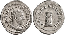 Philip I, 244-249. Antoninianus (Silver, 24 mm, 5.02 g, 12 h), Rome, 248. IMP PHILIPPVS AVG Radiate, draped and cuirassed bust of Philip to right, see...