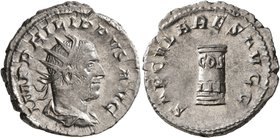Philip I, 244-249. Antoninianus (Silver, 22 mm, 4.38 g, 1 h), Rome, 248. IMP PHILIPPVS AVG Radiate, draped and cuirassed bust of Philip I to right, se...