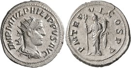 Philip I, 244-249. Antoninianus (Silver, 24 mm, 4.90 g, 1 h), Antiochia, 249. IMP M IVL PHILIPPVS AVG Radiate, draped and cuirassed bust of Philip I t...