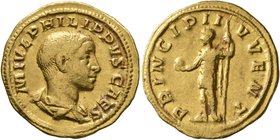 Philip II, as Caesar, 244-247. Aureus (Gold, 20 mm, 4.75 g, 12 h), Rome, 245. M IVL PHILIPPVS CAES Bare-headed and draped bust of Philip II to right, ...