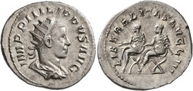 Philip II, 247-249. Antoninianus (Silver, 23 mm, 3.89 g, 7 h), Rome. IMP PHILIPPVS AVG Radiate, draped and cuirassed bust of Philip II to right, seen ...
