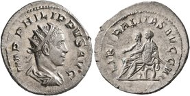Philip II, 247-249. Antoninianus (Silver, 23 mm, 4.01 g, 11 h), Rome. IMP PHILIPPVS AVG Radiate, draped and cuirassed bust of Philip II to right, seen...
