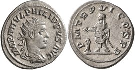Philip II, 247-249. Antoninianus (Silver, 23 mm, 4.18 g, 6 h), Antiochia, 247. IMP M IVL PHILIPPVS AVG Radiate, draped and cuirassed bust of Philip II...