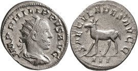 Philip II, 247-249. Antoninianus (Silver, 23 mm, 4.03 g, 12 h), Rome, 248. IMP PHILIPPVS AVG Radiate, draped and cuirassed bust of Philip II to right,...