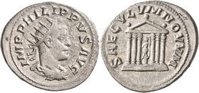 Philip II, 247-249. Antoninianus (Silver, 23 mm, 4.03 g, 1 h), Antiochia, 248. IMP PHILIPPVS AVG Laureate, draped and cuirassed bust of Philip II to r...