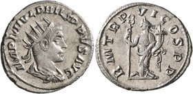 Philip II, 247-249. Antoninianus (Silver, 22 mm, 4.16 g, 1 h), Antiochia, 249. IMP M IVL PHILIPPVS AVG Radiate, draped and cuirassed bust of Philip II...
