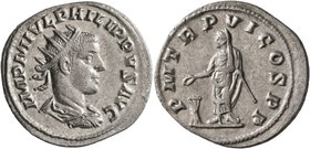 Philip II, 247-249. Antoninianus (Silver, 23 mm, 3.92 g, 6 h), Antiochia, 249. IMP M IVL PHILIPPVS AVG Radiate, draped and cuirassed bust of Philip II...