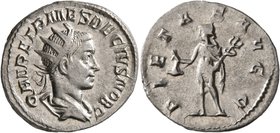 Herennius Etruscus, as Caesar, 249-251. Antoninianus (Silver, 22 mm, 3.79 g, 6 h), Rome. Q HER ETR MES DECIVS NOB C Radiate and draped bust of Herenni...