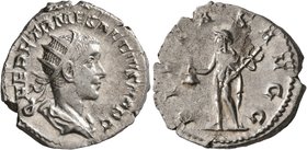 Herennius Etruscus, as Caesar, 249-251. Antoninianus (Silver, 22 mm, 4.31 g, 1 h), Rome. Q HER ETR MES DECIVS NOB C Radiate and draped bust of Herenni...