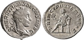 Herennius Etruscus, as Caesar, 249-251. Antoninianus (Silver, 21 mm, 3.72 g, 6 h), Rome, 250-251. Q HER ETR MES DECIVS NOB C Radiate and draped bust o...