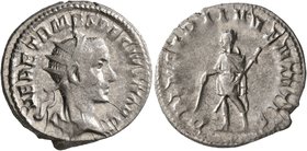 Herennius Etruscus, as Caesar, 249-251. Antoninianus (Silver, 22 mm, 4.12 g, 1 h), Rome, 250-251. Q HER ETR MES DECIVS NOB C Radiate and draped bust o...