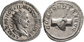 Hostilian, as Caesar, 250-251. Antoninianus (Silver, 23 mm, 4.49 g, 1 h), Rome. C VALENS HOSTIL MES QVINTVS N C Radiate and draped bust of Hostilian t...
