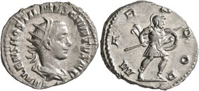 Hostilian, as Caesar, 250-251. Antoninianus (Silver, 22 mm, 4.30 g, 6 h), Rome. C VALENS HOSTIL MES QVINTVS N C Radiate and draped bust of Hostilian t...