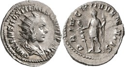 Hostilian, as Caesar, 250-251. Antoninianus (Silver, 22 mm, 3.44 g, 6 h), Rome. C VALENS HOSTIL MES QVINTVS N C Radiate and draped bust of Hostilian t...