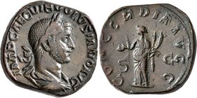 Volusian, 251-253. Sestertius (Orichalcum, 29 mm, 25.13 g, 6 h), Rome, 253. IMP CAE C VIB VOLVSIANO AVG Laureate, draped and cuirassed bust of Volusia...