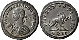Probus, 276-282. Antoninianus (Bronze, 23 mm, 3.71 g, 6 h), Siscia, 278. MP C M AVR PROBVS P F AVG Radiate and cuirassed bust of Probus to left, holdi...