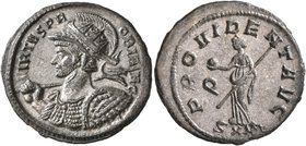 Probus, 276-282. Antoninianus (Silvered bronze, 22 mm, 3.56 g, 12 h), Ticinum, 281. VIRTVS PROBI AVG Radiate, helmeted and cuirassed bust of Probus to...