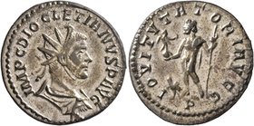 Diocletian, 284-305. Antoninianus (Silvered bronze, 23 mm, 3.73 g, 6 h), Lugdunum, 287-289. IMP C DIOCLETIANVS P AVG Radiate, draped and cuirassed bus...