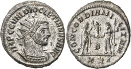 Diocletian, 284-305. Antoninianus (Silvered bronze, 23 mm, 3.67 g, 6 h), Siscia, 293-295. IMP C C VAL DIOCLETIANVS AVG Radiate and cuirassed bust of D...