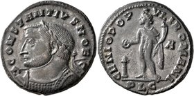 Constantius I, as Caesar, 293-305. Follis (Bronze, 26 mm, 10.91 g, 12 h), Lugdunum, circa 301-303. CONSTANTIVS NOB C Laureate and cuirassed bust of Co...