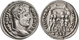 Galerius, as Caesar, 293-305. Argenteus (Silver, 19 mm, 3.20 g, 12 h), Siscia, circa 295. MAXIMIA-NVS NOB C Laureate head of Galerius to right. Rev. V...