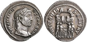 Galerius, as Caesar, 293-305. Argenteus (Silver, 20 mm, 2.80 g, 12 h), Ticinum, circa 295. MAXIMIANVS CAESAR Laureate head of Galerius to right. Rev. ...