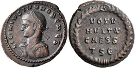 Licinius II, Caesar, 317-324. Follis (Bronze, 20 mm, 2.89 g, 12 h), Thessalonica, 318-319. LICINIVS IVN NOB CAES Laureate, draped and cuirassed bust o...