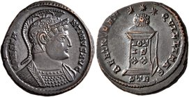 Constantine I, 307/310-337. Follis (Bronze, 19 mm, 3.45 g, 11 h), Treveri, 322. CONSTAN-TINVS AVG Helmeted and cuirassed bust of Constantine I to righ...