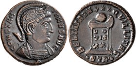 Constantine I, 307/310-337. Follis (Bronze, 18 mm, 2.92 g, 7 h), Treveri, 322-323. CONSTAN-TINVS AVG Helmeted and cuirassed bust of Constantine I to r...