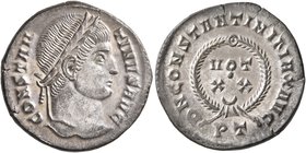 Constantine I, 307/310-337. Follis (Silvered bronze, 19 mm, 3.02 g, 11 h), Ticinum, 322-325. CONSTAN-TINVS AVG Laureate head of Constantine I to right...