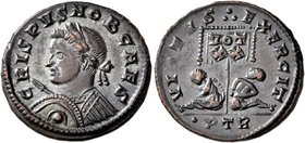 Crispus, Caesar, 316-326. Follis (Bronze, 18 mm, 2.73 g, 1 h), Treveri, 320. CRISPVS NOB CAES Laureate and cuirassed bust of Crispus to left, holding ...