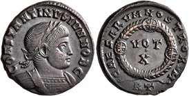 Constantine II, as Caesar, 316-337. Follis (Bronze, 17 mm, 2.78 g, 11 h), Rome, 321. CONSTANTINVS IVN NOB C Laureate and cuirassed bust of Constantine...
