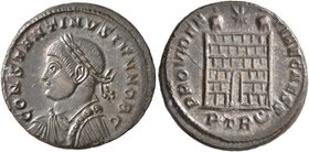 Constantine II, as Caesar, 316-337. Follis (Bronze, 18 mm, 3.30 g, 4 h), Treveri, 326. CONSTANTINVS IVN NOB C Laureate, draped and cuirassed bust of C...