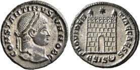 Constantine II, as Caesar, 316-337. Follis (Silvered bronze, 18 mm, 3.32 g, 7 h), Siscia, 328-329. CONSTANTINVS IVN NOB C Laureate head of Constantine...