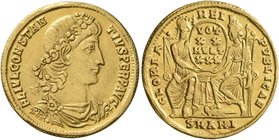 Constantius II, 337-361. Solidus (Gold, 21 mm, 4.28 g, 6 h), Constantinopolis, 347-355. FL IVL CONSTAN-TIVS PERP AVG Rosette-diademed, draped and cuir...