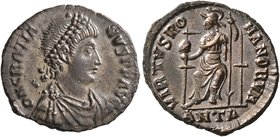 Gratian, 367-383. Follis (Bronze, 19 mm, 3.00 g, 10 h), Antiochia, 378-383. D N GRATIA-NVS P F AVG Pearl-diademed, draped and cuirassed bust of Gratia...