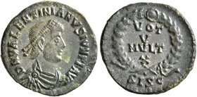 Valentinian II, 375-392. Follis (Bronze, 15 mm, 1.39 g, 5 h), Siscia, 378-383. D N VALENTINIANVS IVN PF AVG Pearl-diademed, draped and cuirassed bust ...