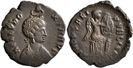 Aelia Eudoxia, Augusta, 400-404. Follis (Bronze, 17 mm, 1.85 g, 12 h), Antiochia, 401-403. AEL EVDO-XIA AVG Pearl-diademed and draped bust of Aelia Eu...