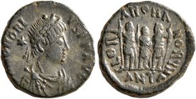 Honorius, 393-423. Follis (Bronze, 13 mm, 1.76 g, 5 h), Antiochia, 406-408. D N HONORI-VS P F AVG Pearl-diademed, draped and cuirassed bust of Honoriu...