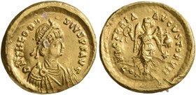 Theodosius II, 402-450. Tremissis (Gold, 13 mm, 1.19 g, 1 h), Constantinopolis, 430-440. D N THEODO-SIVS P F AVG Pearl-diademed, draped and cuirassed ...