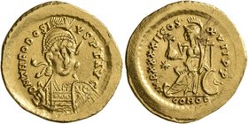 Theodosius II, 402-450. Solidus (Gold, 21 mm, 4.28 g, 12 h), Constantinopolis, 443-450. D N THEODOSI-VS•P•F•AVG Pearl-diademed, helmeted and cuirassed...